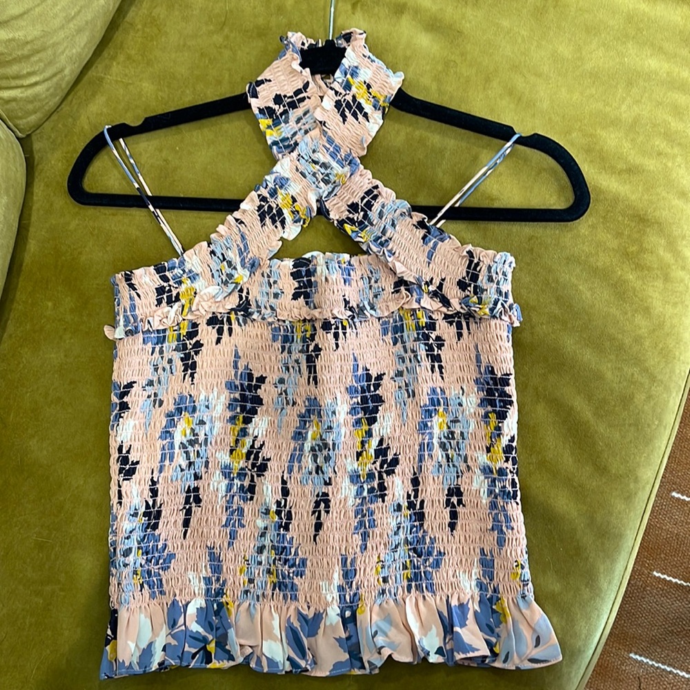 Cinq a Sept cross halter top with pink floral print